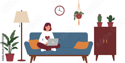 Relaxed young woman enjoying her favorite series or movie on a laptop, comfortably unwinding at home, embracing leisure time, and digital entertainment in a cozy living room. flat vector illustration