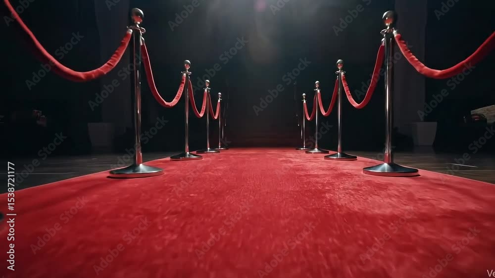 A red carpet with velvet ropes and metal stanchions leading to a bright light in the distance