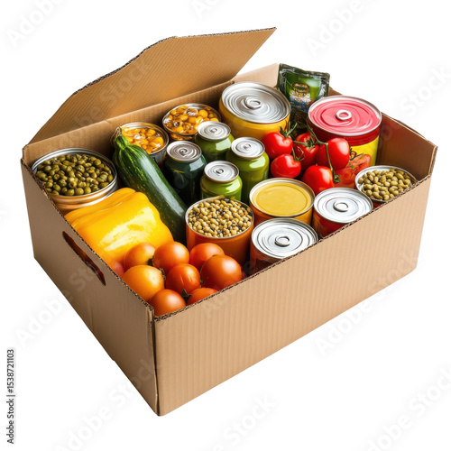 Assorted Fresh Produce and Canned Goods in a Cardboard Box for Healthy Meals and Food Security on transparent background