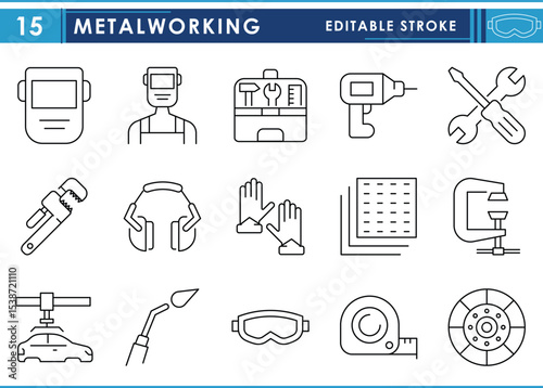 A set of line icons related to Metalworking. Metal, steel, working, industry, safety, drill, gloves, tools, and so on. Vector editable stroke.
