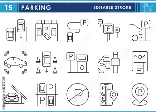A set of line icons related to Parking. Car, line, park, stand, receipt, location, and so on. Vector editable stroke.