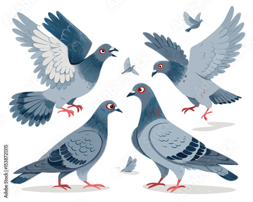Illustration of various stylized pigeons in different poses and orientations. 