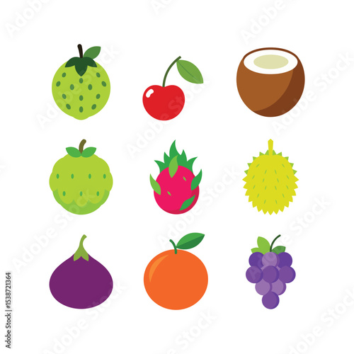 Vector art of assortment of various colorful fruits including guava cherry coconut dragonfruit durian eggplant orange and grapes isolated on white background