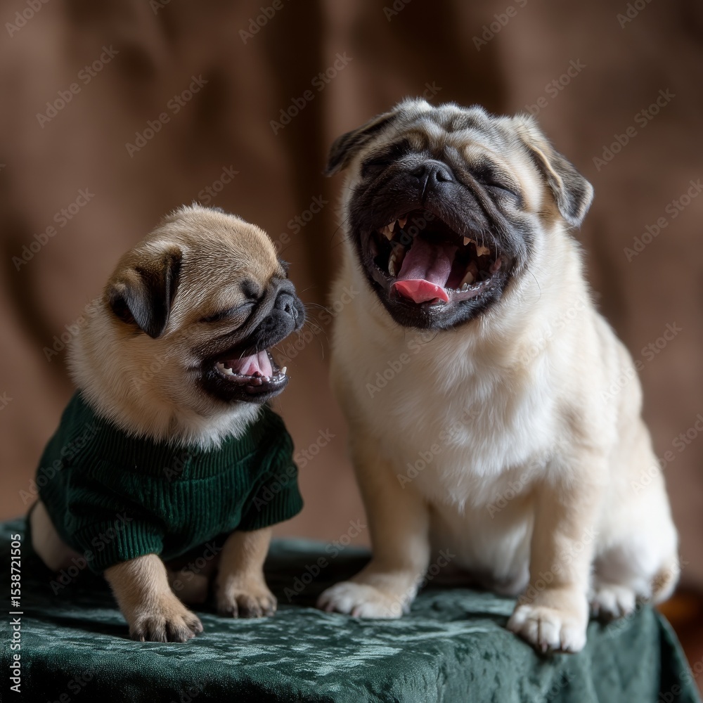 Obraz premium Two Adorable Pugs: One Yawns, One Wears a Sweater, Posing on a Green Velvet Surface Against a Warm Brown Backdrop, Showcasing Their Charm and Expressiveness.