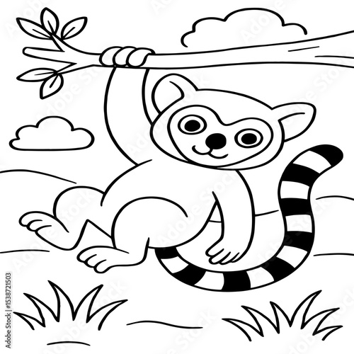 A playful cartoon lemur hangs from a branch, drawn in a simple black-and-white outline for coloring.