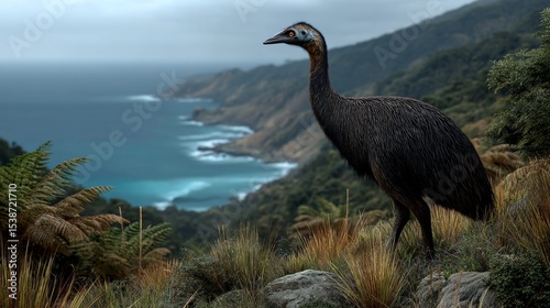 A giant 12-foot tall moa bird standing majestically on a hillside overlooking the New Zealand coastline