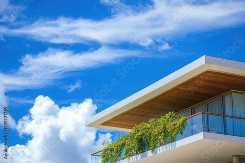 A large white building with a balcony and a green plant on it