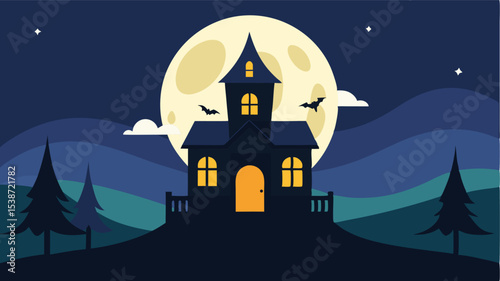 Haunted House with Full Moon and Ghosts