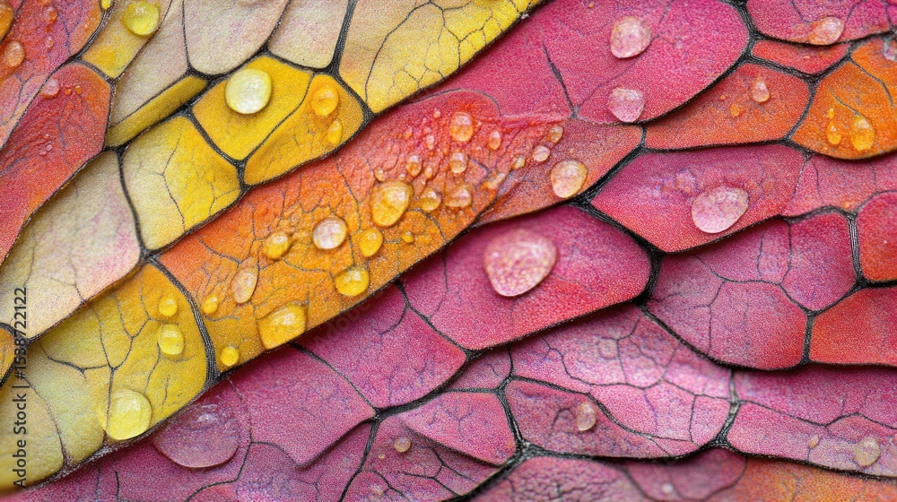 Fototapeta premium Colorful, textured leaf surface with water droplets