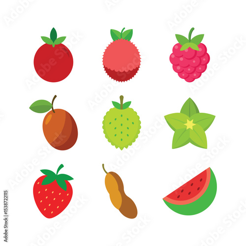 Vector art of various colorful fruits including tomato lychee raspberry plum soursop carambola strawberry peanut and watermelon isolated on white background