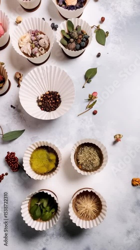 Wallpaper Mural Overhead flat lay showing assortment of miniature floral arrangements and botanical elements in paper cups on speckled white surface Torontodigital.ca