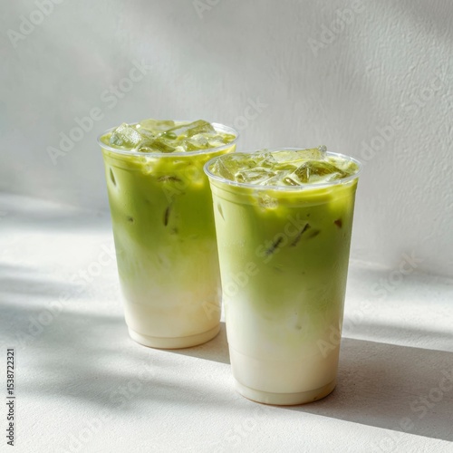 Refreshing iced matcha drinks in clear cups showcase vibrant green layers against a light background during a sunny afternoon