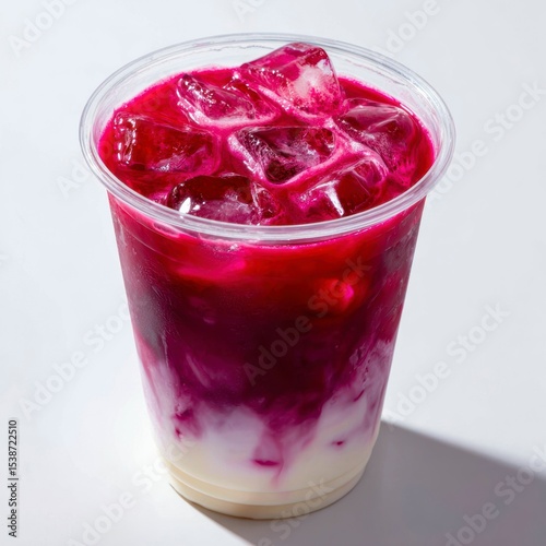 Colorful beverage with layers of vibrant hues served in clear cup filled with ice
