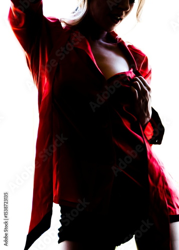 A woman in a red shirt