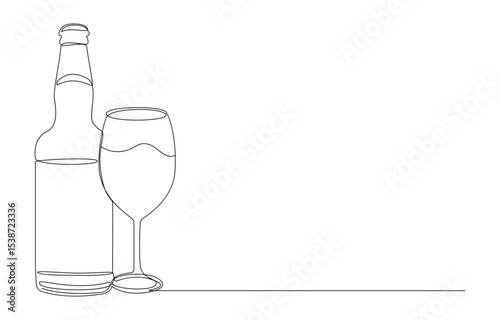 Oktoberfest Drinking concept continuous line art drawing, Wine Bottle and Glass Single-Line Drawing