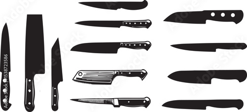 Meat cutting knives set. Set of butcher meat knives vector. Restaurant or cafe kitchen slicing knives, chef stainless knife set vector