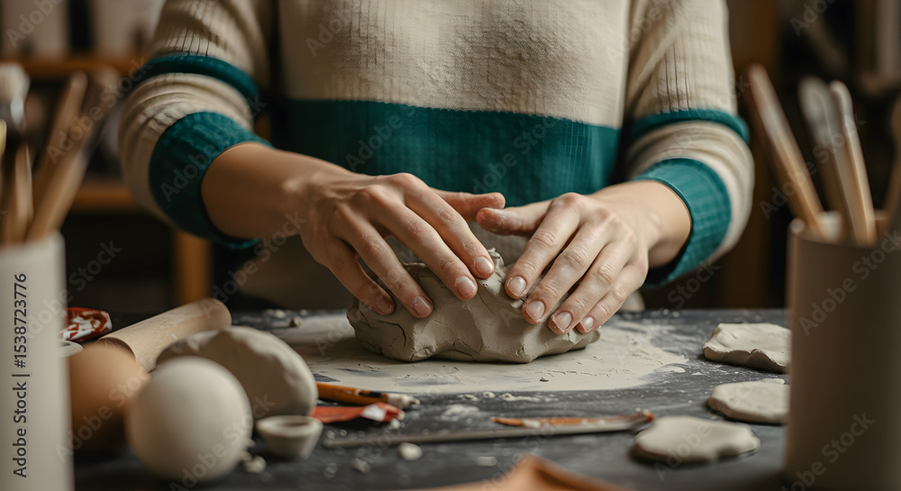 Obraz premium Woman hands shaping clay pottery art craft workshop studio handmade creation