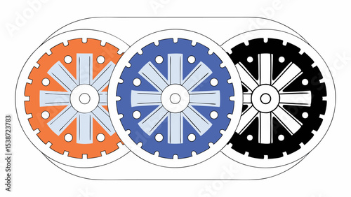 Three Interlocking Gears in Orange, Blue, and Black