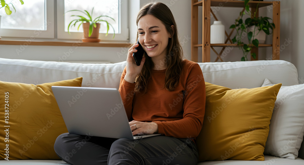 Happy woman working from home on laptop and phone call smiling Happy woman working from home on laptop and phone call smiling