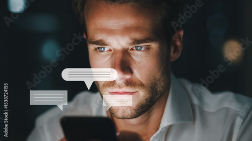 Man looking smartphone screen with chat bubbles, social media concept.