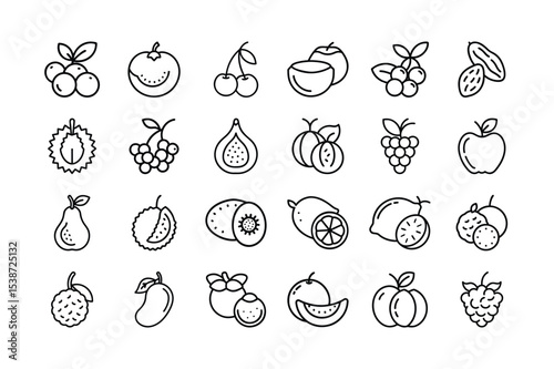 Line art icon of various fruits on a white background