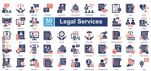 Legal Services icon set contains 50 icons including, notary, services, access, child custody, legal service, prenuptial agreement, law book, legal document, settlement, simple vector mixed style