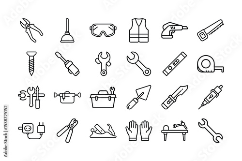 Collection of Construction and Repair Tools in Outline Style Iconography