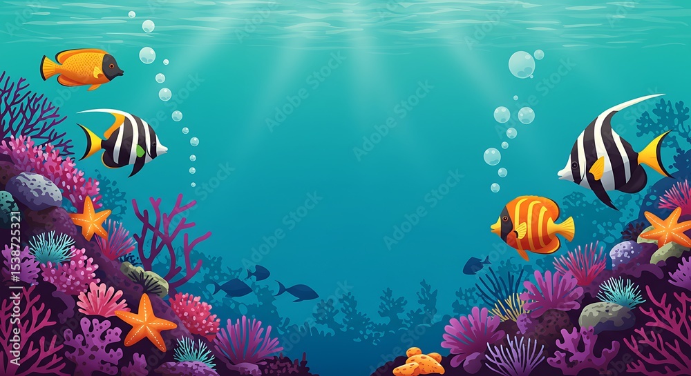 Naklejka premium A colorful illustration of a thriving underwater coral reef ecosystem, bustling with diverse fish, starfish, and sun rays piercing the turquoise water.