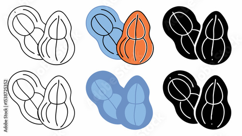 Peanut Icons  Line Art, Color, and Silhouette Variations