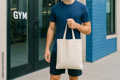 Athletic man standing at gym entrance with tote bag showcasing stylish design and functionality featuring a tote bag mockup ideal for modern fitness enthusiasts.