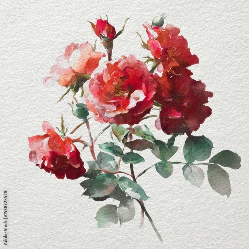 Beautiful watercolor depiction of vibrant red roses with green leaves on textured paper