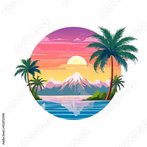 Tropical island paradise vector with palm trees, sun, sea, and beach
