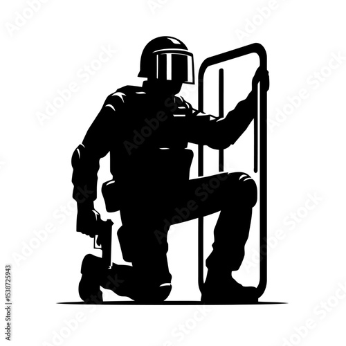 Kneeling Police Officer With Shield Symbolizing Public Order And Safety During Protest Or Riot