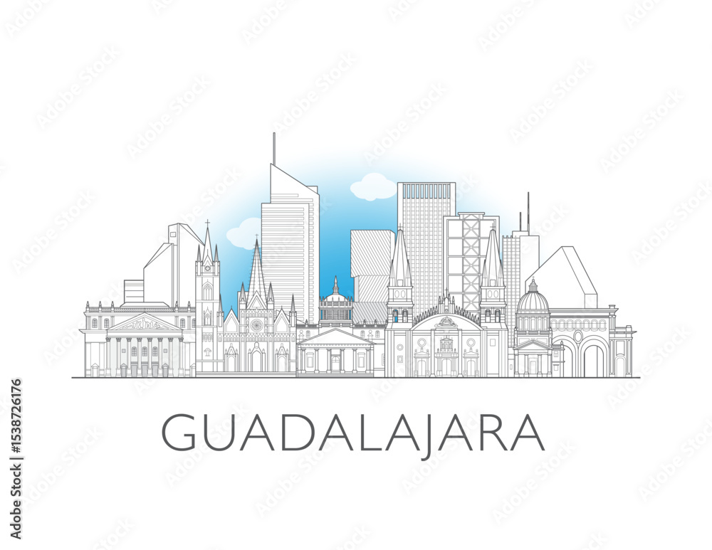 Obraz premium Guadalajara, Mexico cityscape illustration skyline drawing