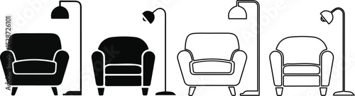  Armchair and Floor Lamp Icons Set. and outline vector illustration