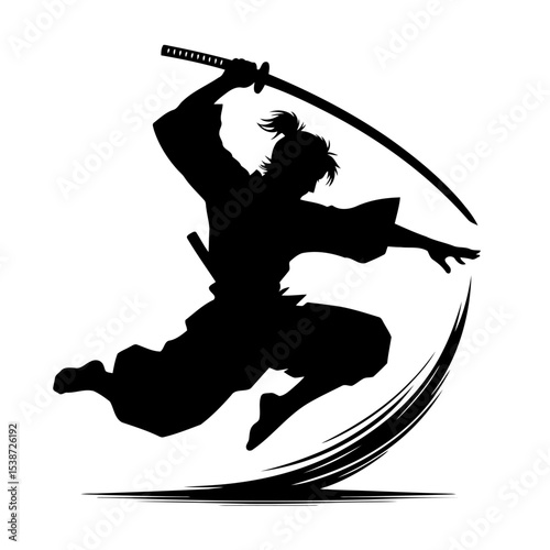 Dynamic Samurai Silhouette Powerful Jump With Katana Japanese Warrior