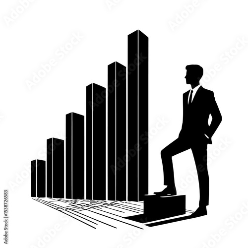 Businessman Silhouette Climbing Ladder Of Success Growth And Financial Achievement