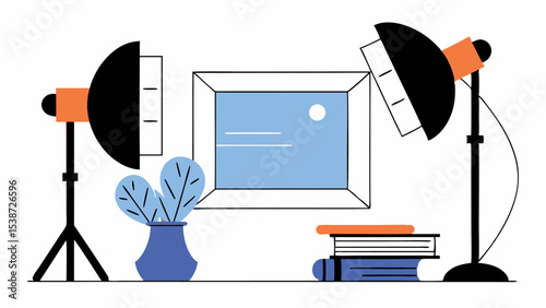 Studio Photography Setup with Lights, Plant, and Books