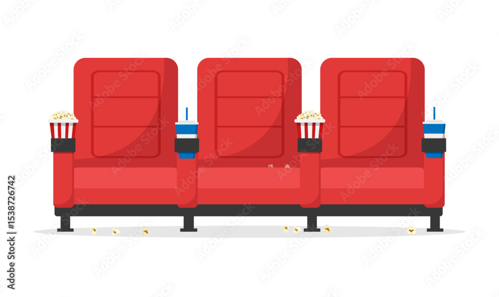Naklejka premium Front view of red cinema seats isolated on white background. Armchairs in the cinema with drinks and pop corn. Cinema concept. Vector stock
