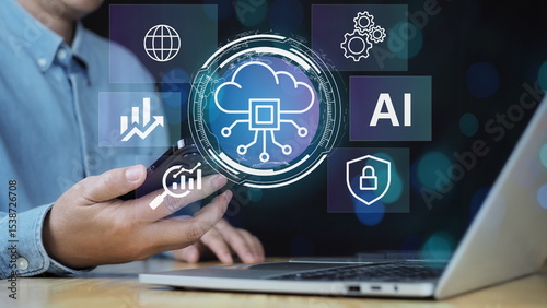 Businessman using cloud data services via mobile device. cloud computing UI, futuristic server network, AI interface, digital data flow, neural matrix, glass dashboard, floating UI elements