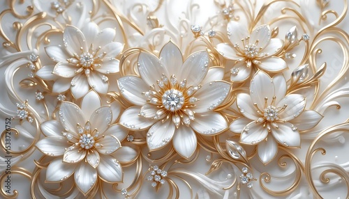 Elegant white flowers with gold accents and crystal embellishments in luxurious 3D style. Perfect for wedding decor, luxury branding, or background designs.