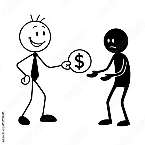 Smiling man giving money to dark figure symbolizing hidden investment