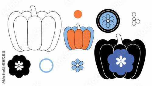 Bell Pepper Illustrations Black, White, Orange, and Blue Variations