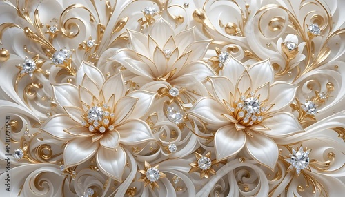 Elegant white flowers with gold accents and crystal embellishments in luxurious 3D style. Perfect for wedding decor, luxury branding, or background designs.