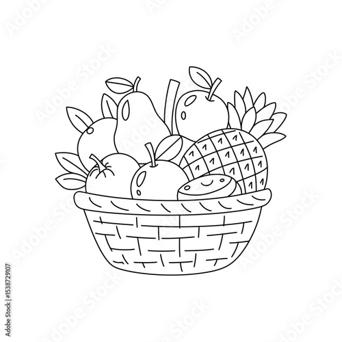 Woven Basket Overflowing with Various Fruits, Black and White Outline