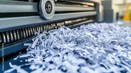 Shredded documents exiting a powerful industrial shredder