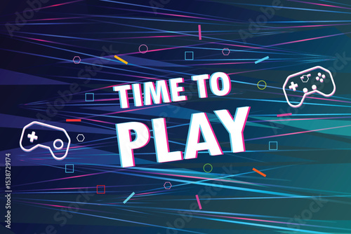 It's time to play text with game controller on abstract gaming background with blue, pink, purple lights.
