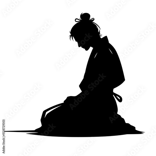 Serene Silhouette Kneeling Figure In Traditional Japanese Attire