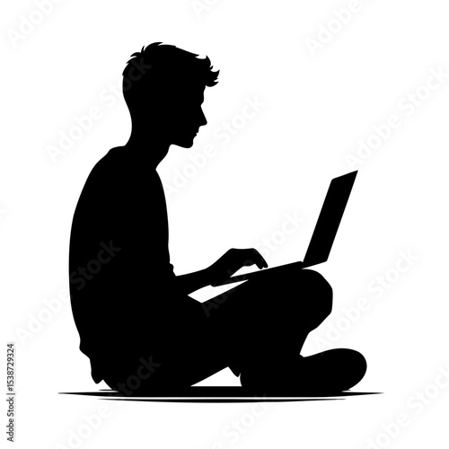 Silhouette Of Young Man Working On His Laptop Simple Clean Vector Graphic