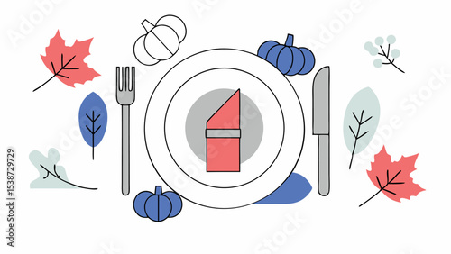 Thanksgiving Table Setting with Pumpkins and Autumn Leaves
